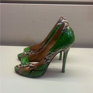 Green Snakeskin Peep-Toe Stiletto Pumps